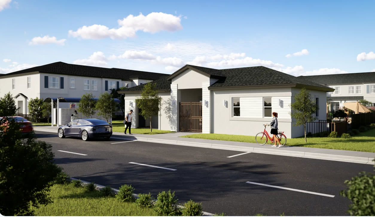 Rendering of the Aurora Place entry building and gated walkway from the street