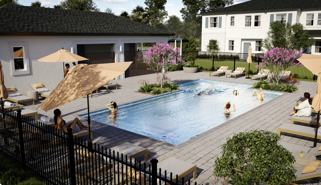 Aerial rendering of the Aurora Place pool deck and clubhouse building
