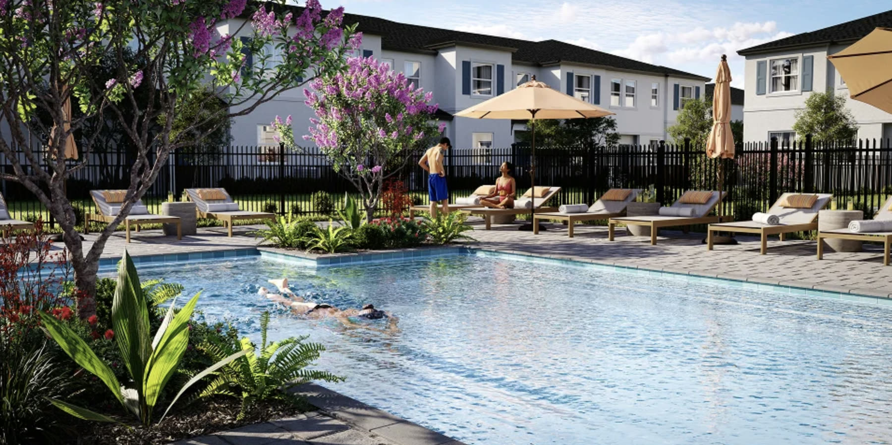 Rendering of the resort style pool at Aurora Place, with loungers and umbrellas along the deck