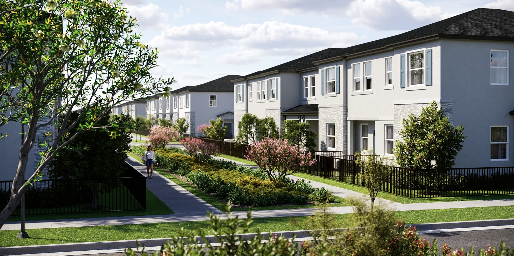 Rendering of a tree lined street of new two story homes at Aurora Place in Hialeah