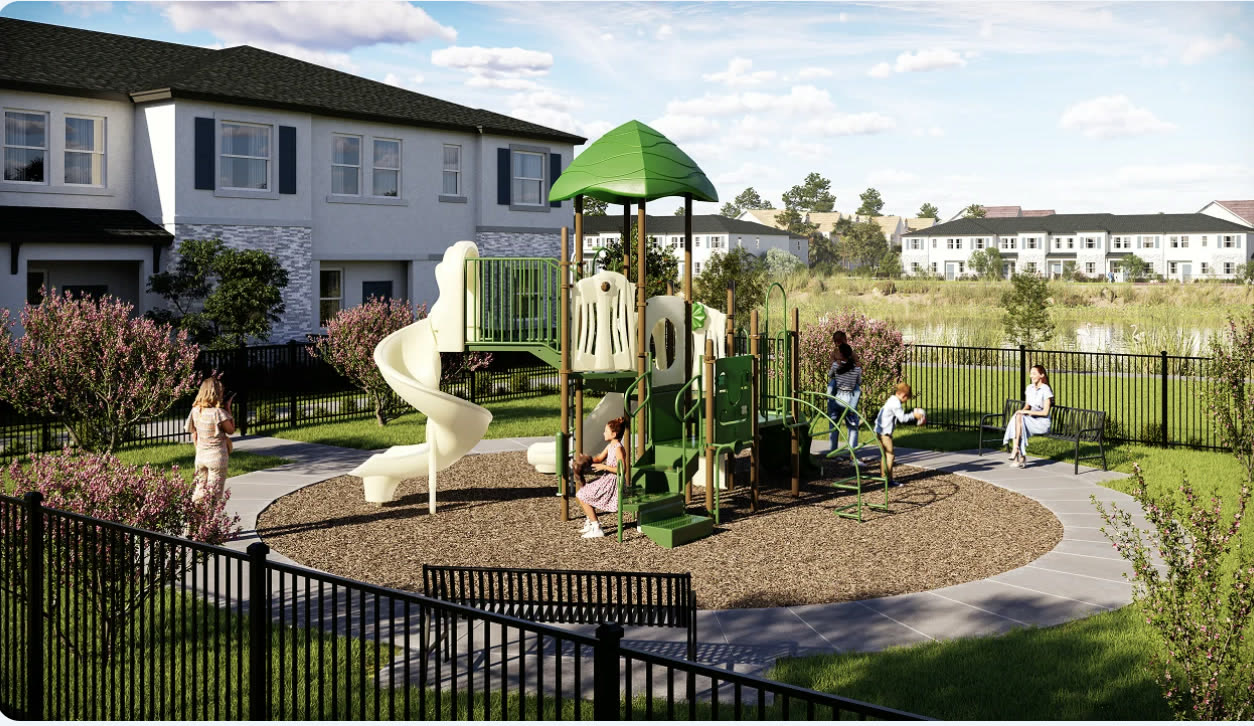 Rendering of the Aurora Place playground beside the lake, with a slide and climbing structure